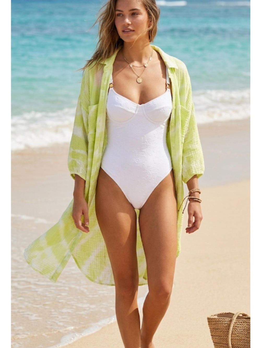 Lightweight Lime Green & White Button-Up Tunic 100 % Cotten great beach coverup